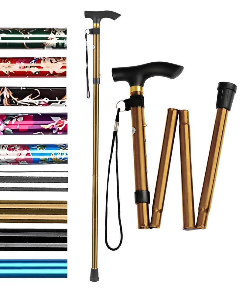HATAFÂ® Walking Stick, Walking Sticks for Women, Adjustable height Folding Walking Sticks for Men, Mobility Aids walking stick rubber ends, Folding walking sticks for ladies (Golden)